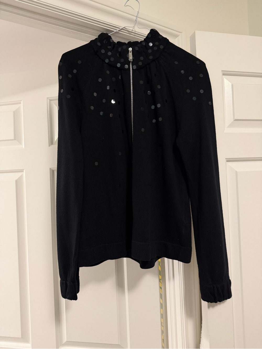 Black Sequin Zip-Front Women's Knit Top
